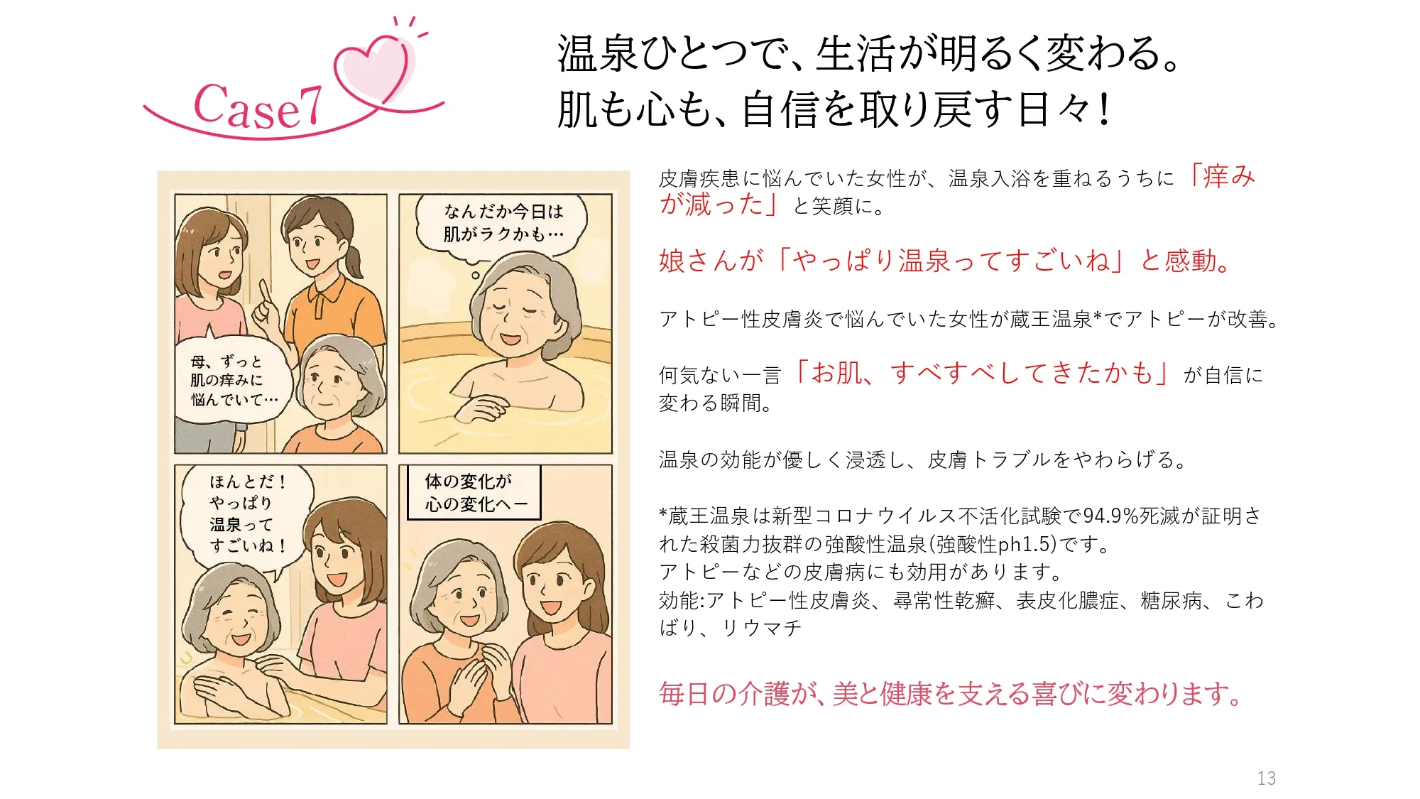Case7　温泉ひとつで、生活が明るく変わる。肌も心も、自信を取り戻す日々！